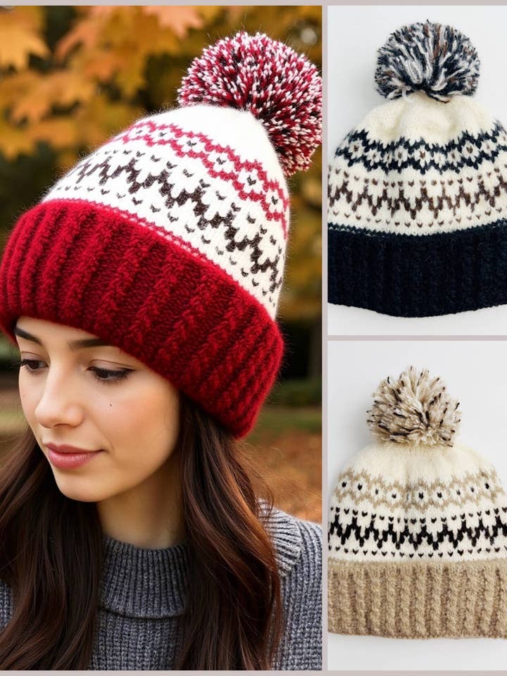 JCH39005 Bonnet tricoté nordique confortable avec pompon pour la vente par JC Sunny Fashion