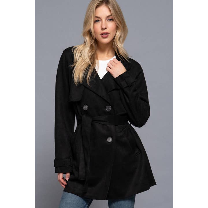 LAPEL COLLAR SELF BELTED FAUX SUEDE TRENCH COAT for wholesale by Apolline