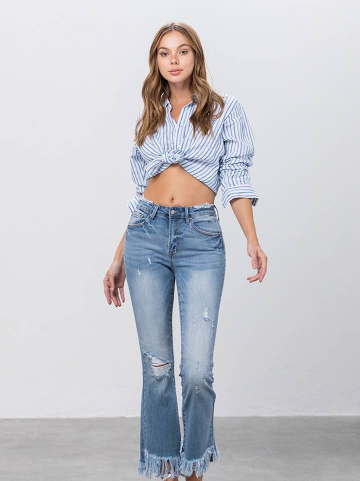 Mid Rise Long Bottom Frayed Crop Flare Jeans for wholesale by Insane Gene USA