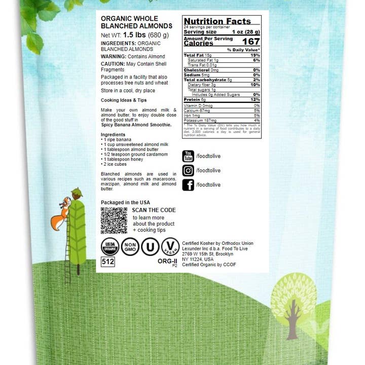 Food To Live – wholesale Nuts – Organic Blanched Whole Almonds – Non-GMO, Raw, Unpasteurized