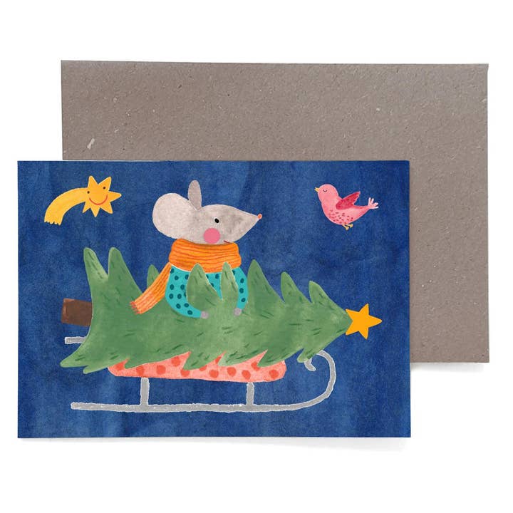 Weihnachtskarte *Maus mit Weihnachtsbaum* für den Großhandel von Frau Ottilie