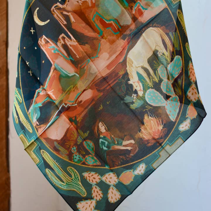 Tirzah Lane Art - Wholesale Scarf - Women's - Desert Nights Western Cowgirl and Horse Silk Wild Rag Scarf