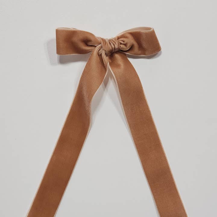 Long Velvet Schoolgirl Bow // Latte for wholesale by Honeycomb Goods