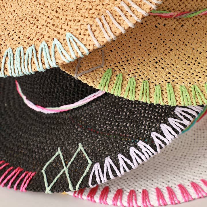 Fashion City - Wholesale Straw Hat - Women's - Multi-Colored Stitched Brim Panama Hat