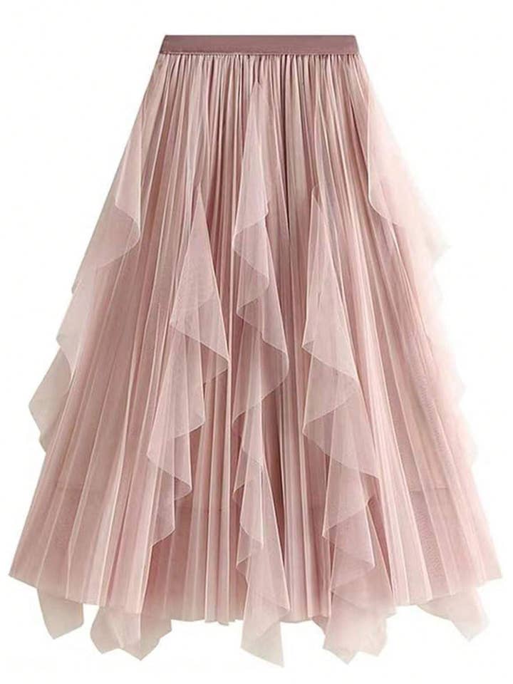 Fashion Combination - Wholesale Skirt - Women's - ruffle hem pleated tulle midi skirt8