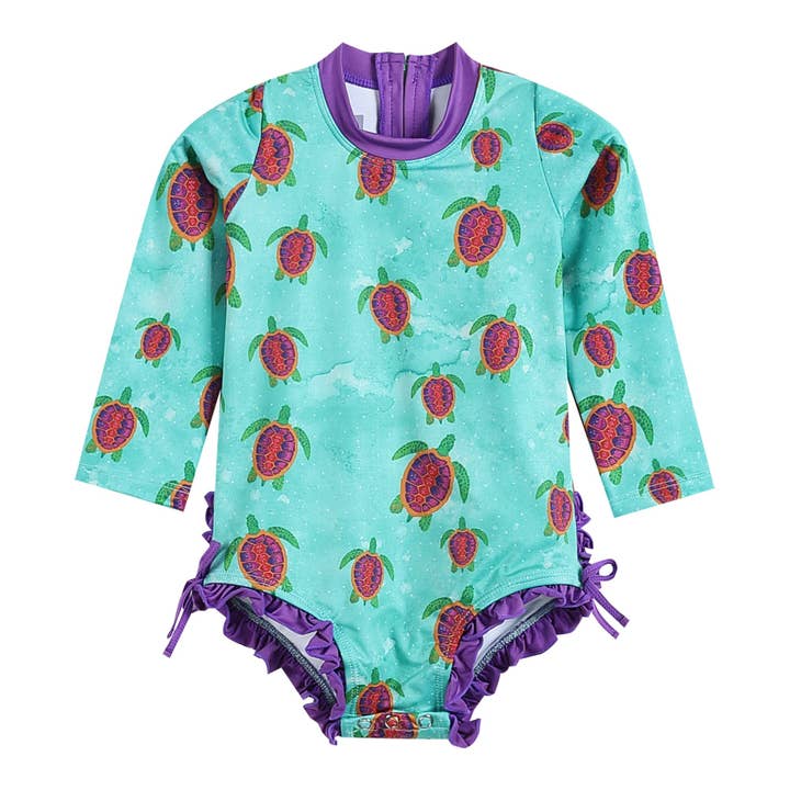 Lil Cactus - Wholesale Rashguard Set - Kids - Special Purchase - Turquoise Turtle Ruffle Swimsuit