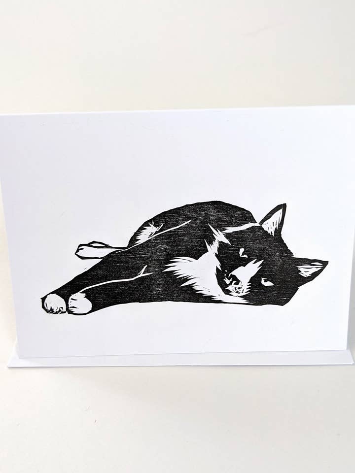 Leaning Cat - Original Wood Block Printed Card for wholesale by Wingedprints