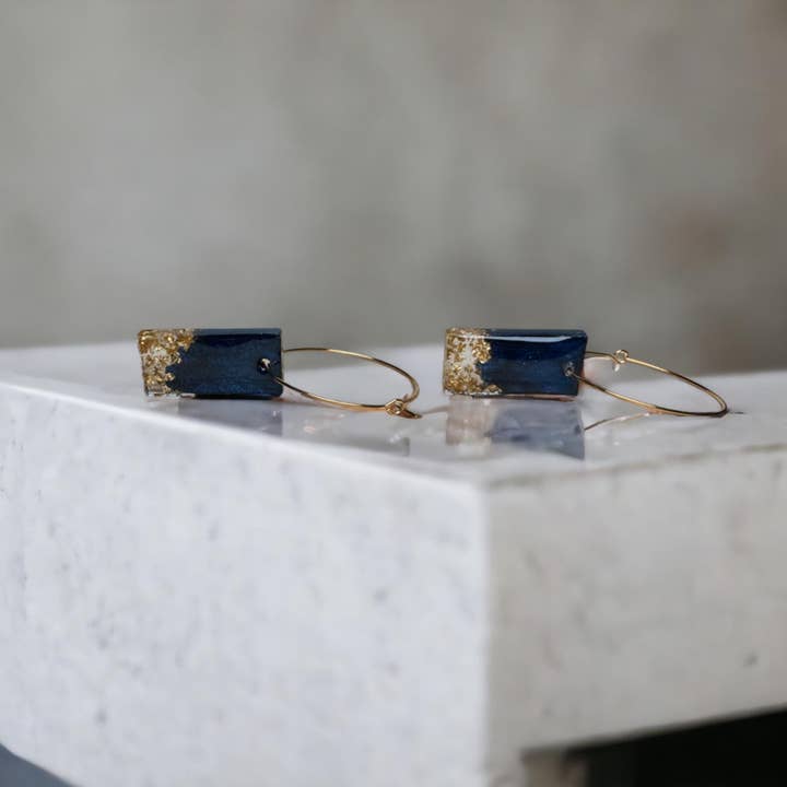 Fish Towne Designs, LLC - Wholesale Dangle Earrings - Navy Blue and Gold Leaf Resin Bar Earrings Handmade8