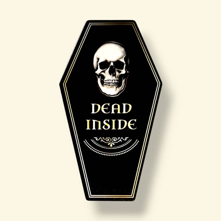 Dead Inside Coffin Sticker for wholesale by Library Cat Designs