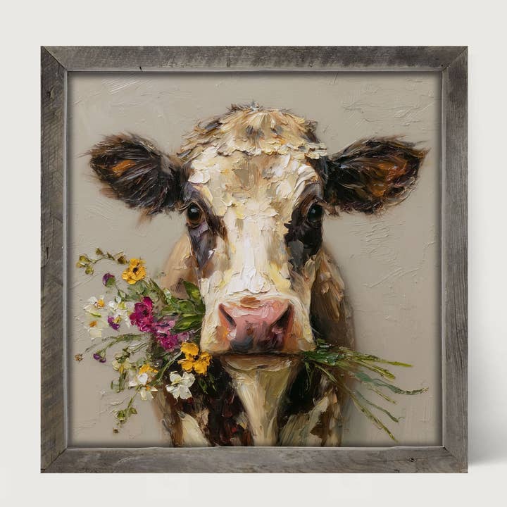 Spring Season Cow Holding Flowers for wholesale by ginger blue