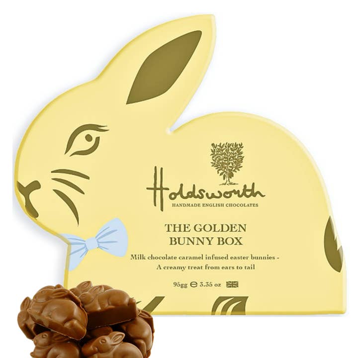 Goldener Hasen-Geschenkkarton - Milchschokolade mit gesalzenem Karamell für den Großhandel von Holdsworth Chocolates
