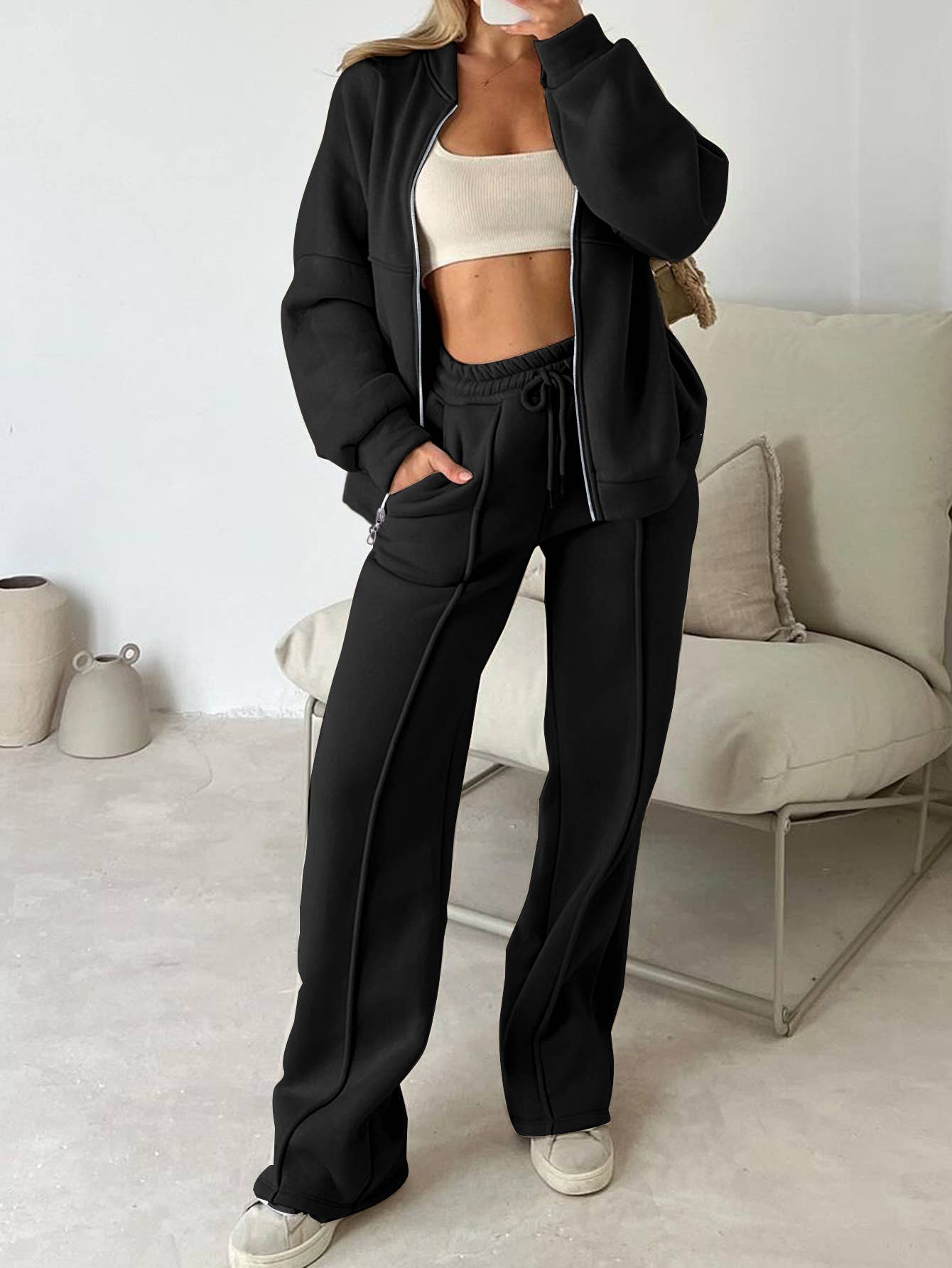 Rosa Clothing - Wholesale Top & Pant Set (NOT Loungewear) - Women's - Plain Exposed Seam Zip Up Long Sleeve Athleisure Set0