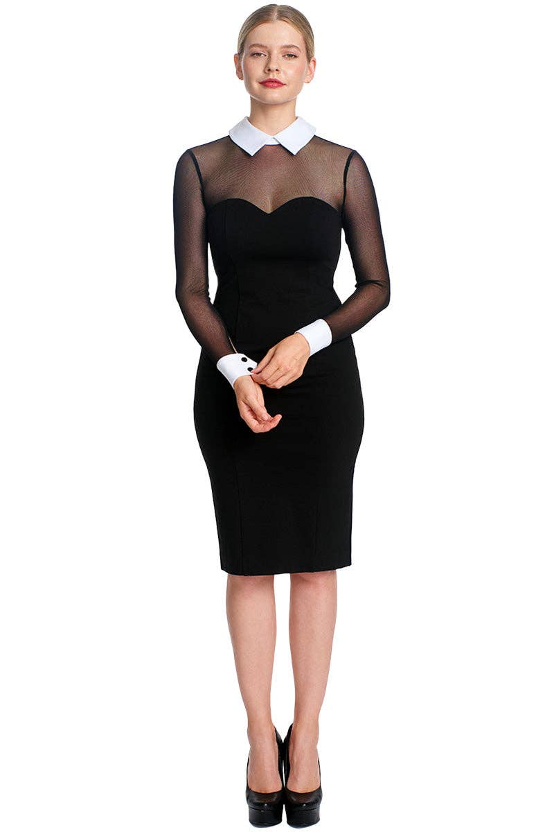 Tuxedo Illusion Dress - Black & white midi dress with mesh sleeves, contrast collar & cuffs for wholesale on Faire16