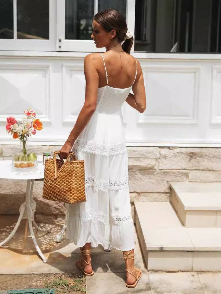 Vit Ny Boho Klänning för Kvinnor med Spetsdetaljer och Stor Slitskjol för wholesale på Faire1