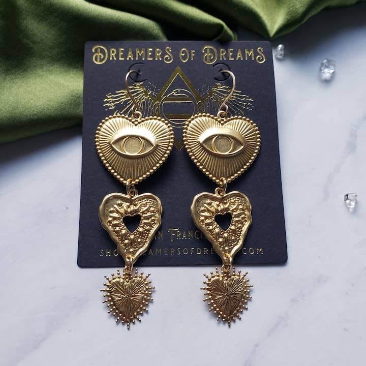 Dreamers of Dreams - Wholesale Dangle Earrings - Gold Eye Heart Statement Earrings