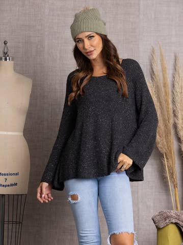 CHARCOAL BELL SLEEVE RIB KNIT STITCH SWEATER M9032 for wholesale on Faire0