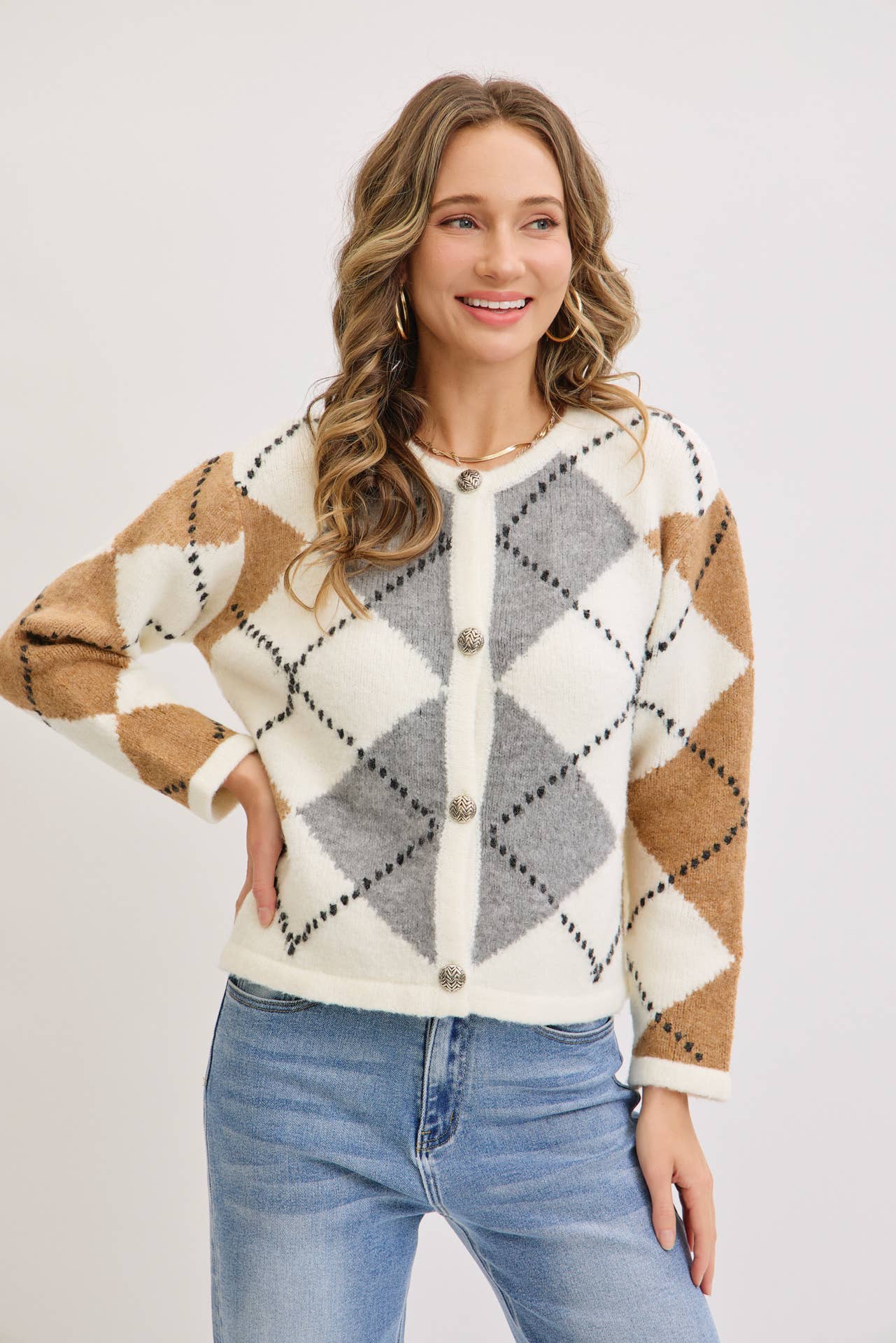 IVORY GREY COZY SOFT ARGYLE PATTERN SWEATER KNIT CARDIGAN for wholesale on Faire3