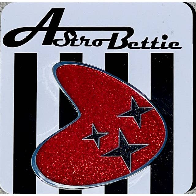 MCM Ruby Red Boomerang Enamel Pin for wholesale by Astro Bettie