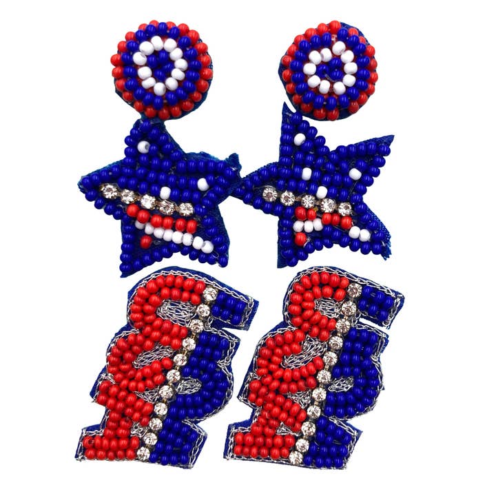 USA Star Red White Blue Three Piece Set Seed Bead Earrings for wholesale by Lunar Deer
