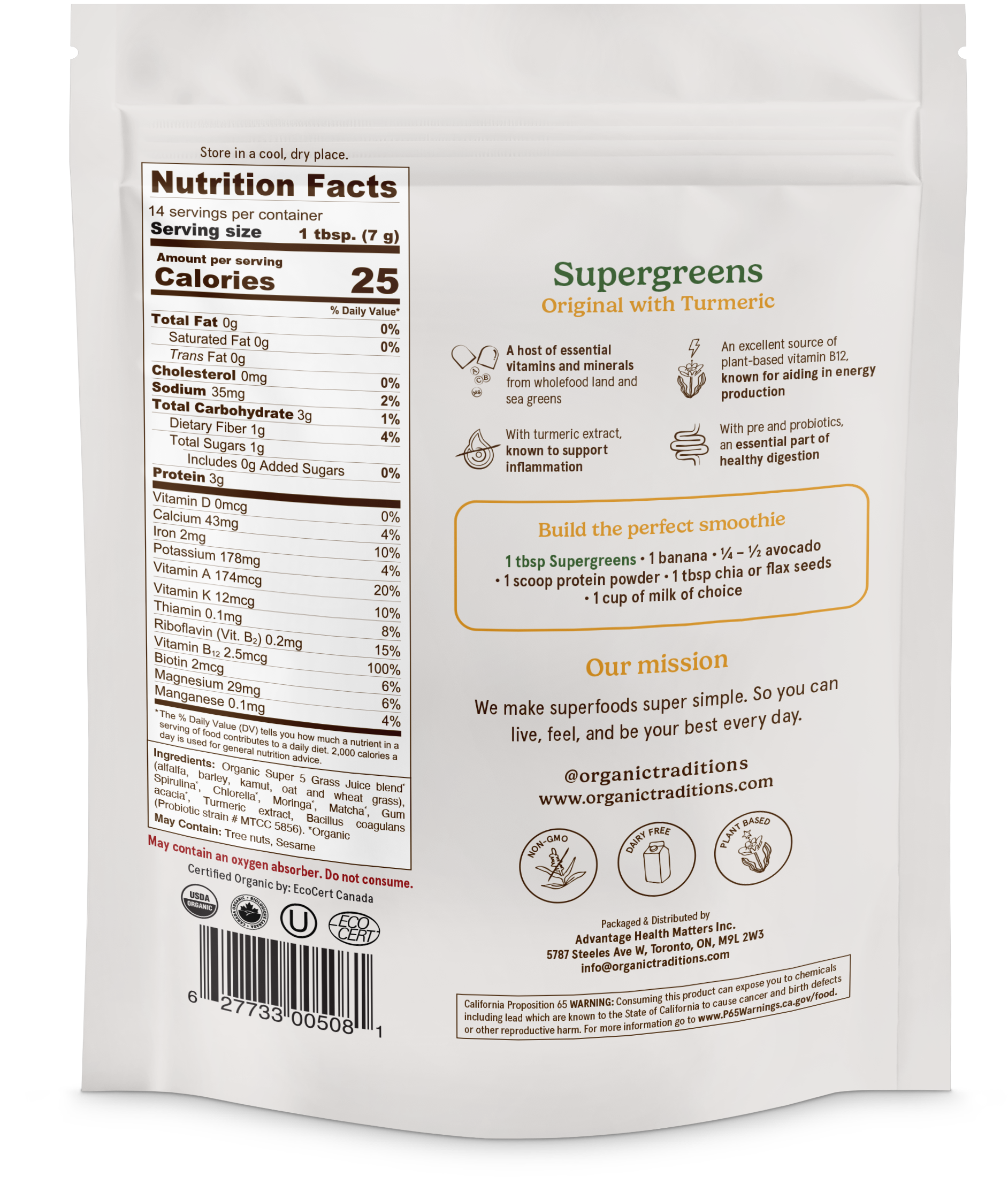 Organic Traditions - Wholesale Protein/Superfood Powder - Supergreens with Turmeric and Probiotics1