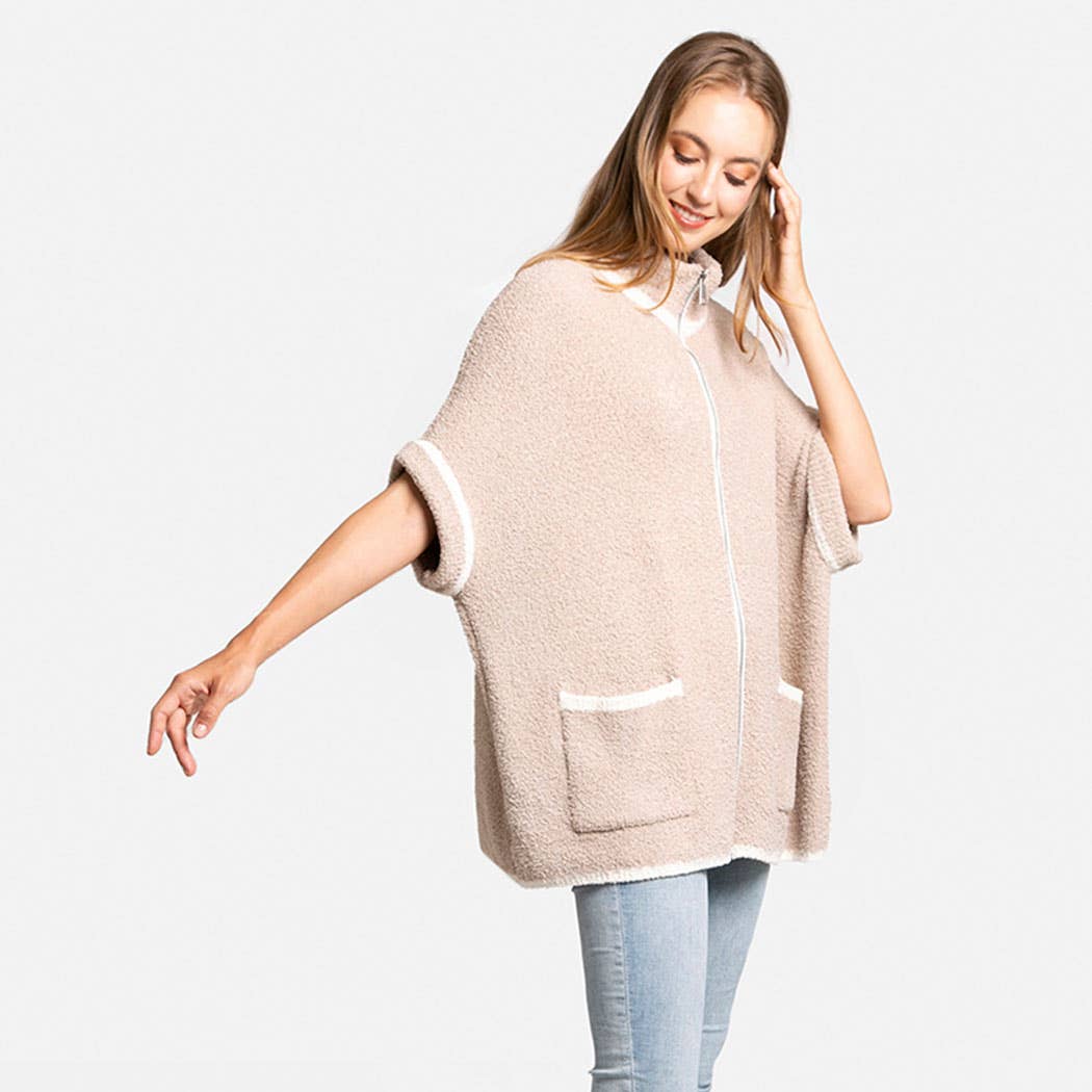 Fashion City - Wholesale Outerwear Poncho - Women's - Solid Zipper Jacket with Outlined Edges7