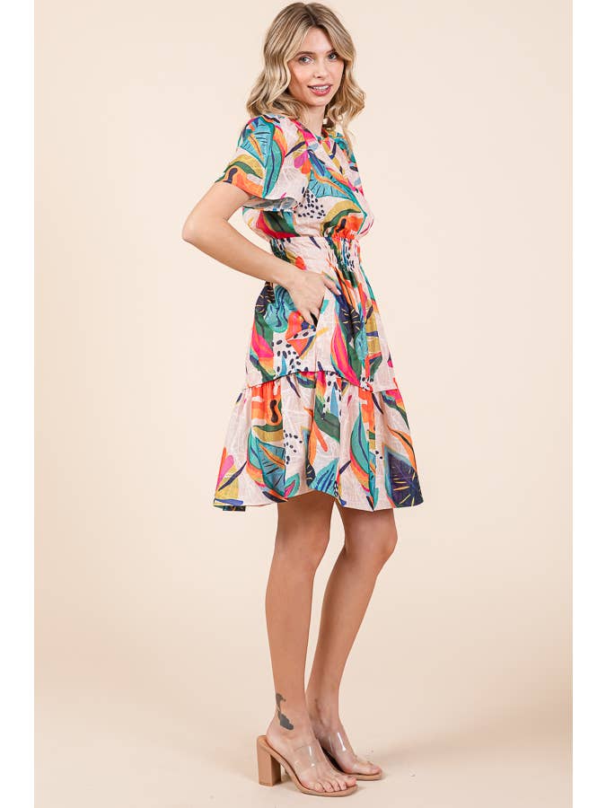 FUCHSIA COMBO SS NEW - Abstract Print Mid Smock Short Sleeve Dress for wholesale on Faire