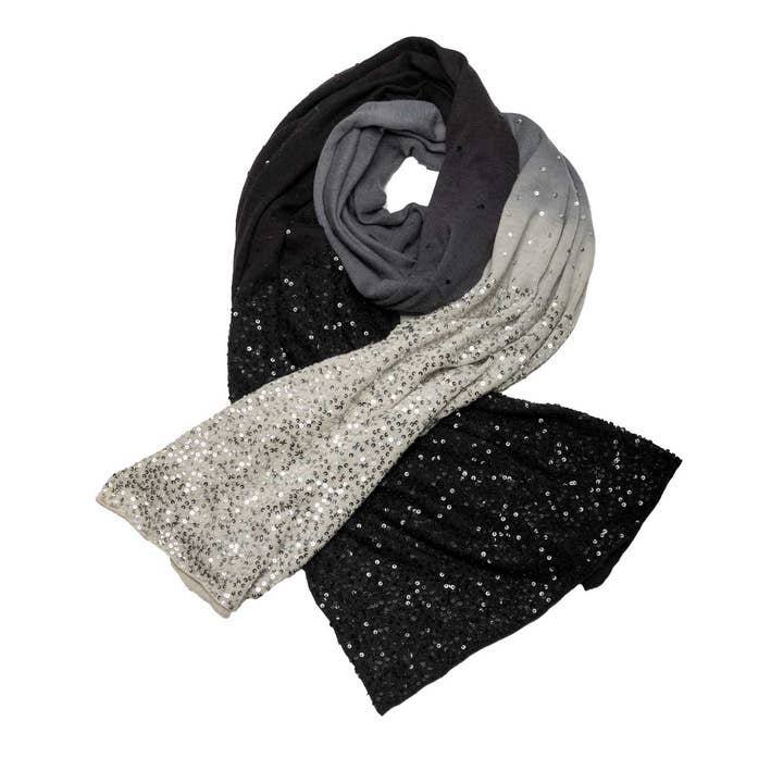 Cachecol de caxemira artesanal em cinza/preto com lantejoulas por atacado de Shirin Sehan