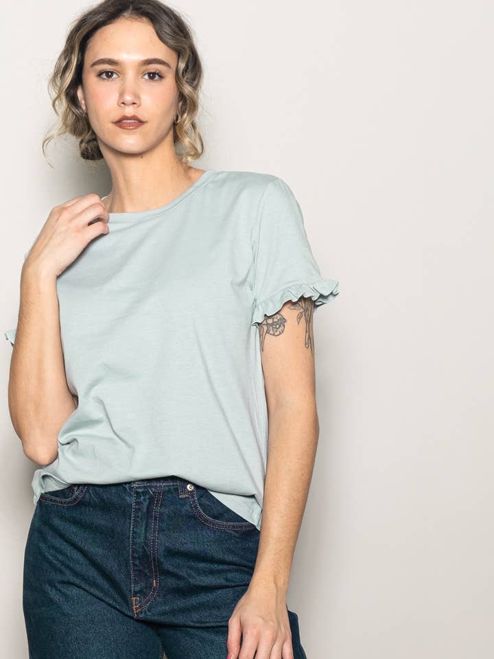 Ruffle Sleeve Loose Fit Round Neck Cotton T-Shirt for wholesale by Elloh Collection