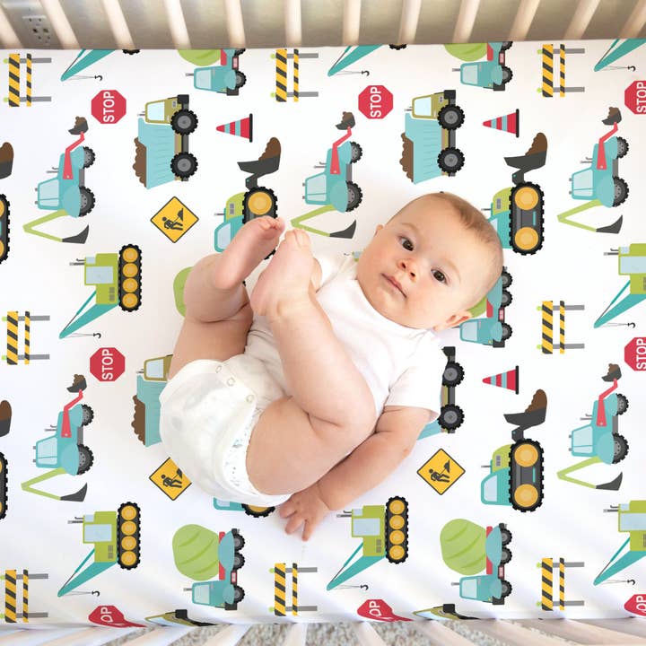 Honey Lemonade - Wholesale Cot/Crib Sheets - Standard Size Fitted Crib Sheet - Construction Trucks