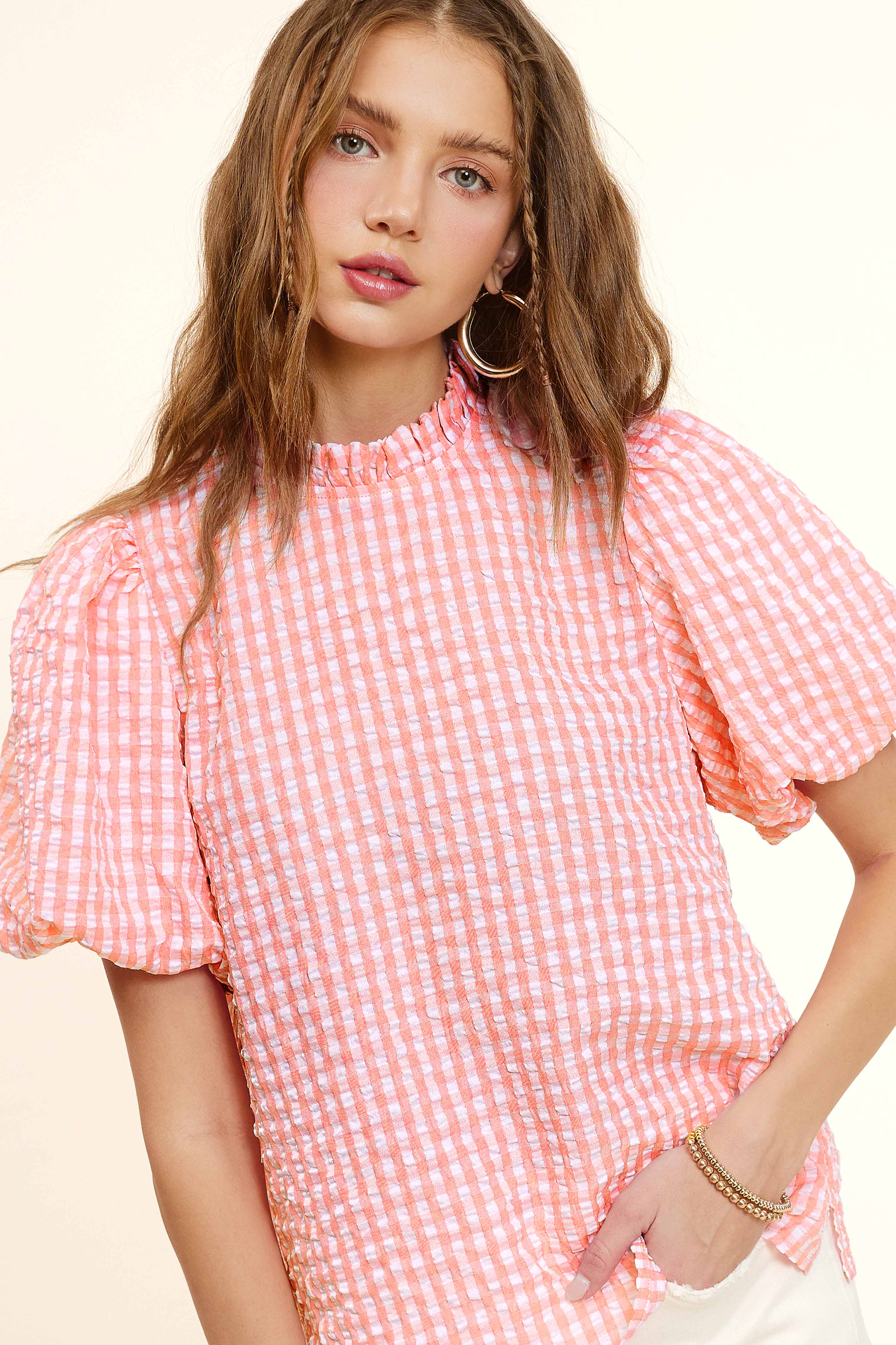 La Miel - Wholesale Blouse - Women's - HCT7697-Gingham Check Print Lovely Puff Short Sleeve Top1