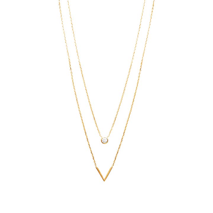 Victoria 18K Gold Plated Dual Necklace with V and Cubic Zirconia for wholesale by Jewelry Private Label