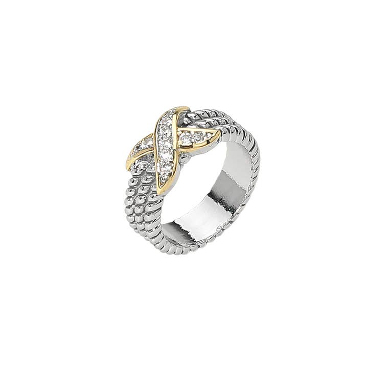 Sensibling Corp. - Wholesale Multi-Stone Ring - Two Tone CZ Stone Paved Crisscross Accent Textured Ring1
