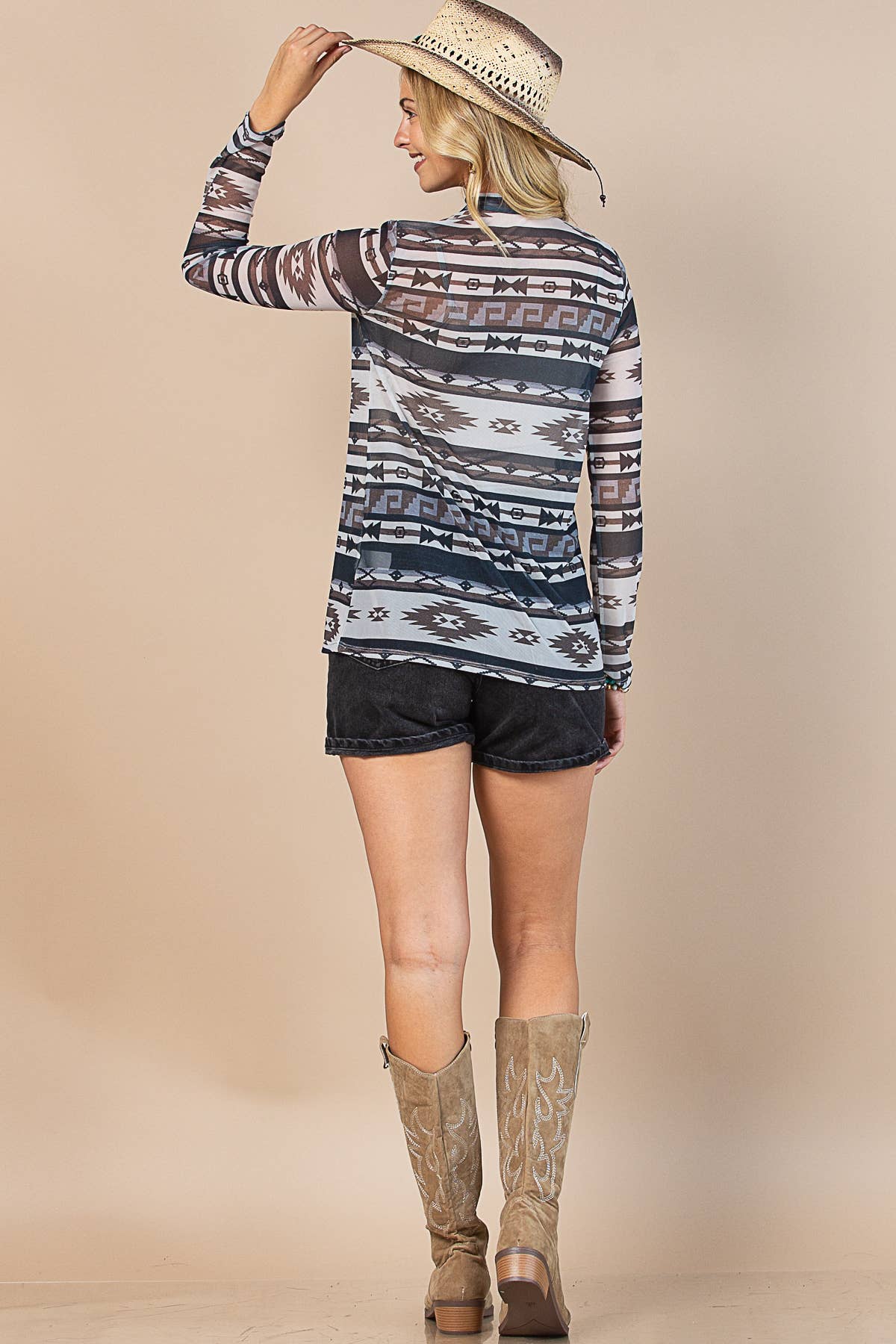 MOCHA CHARCOAL AV1230-BILLIE AZTEC PRINT SEMI SHEER MESH TOP for wholesale on Faire7