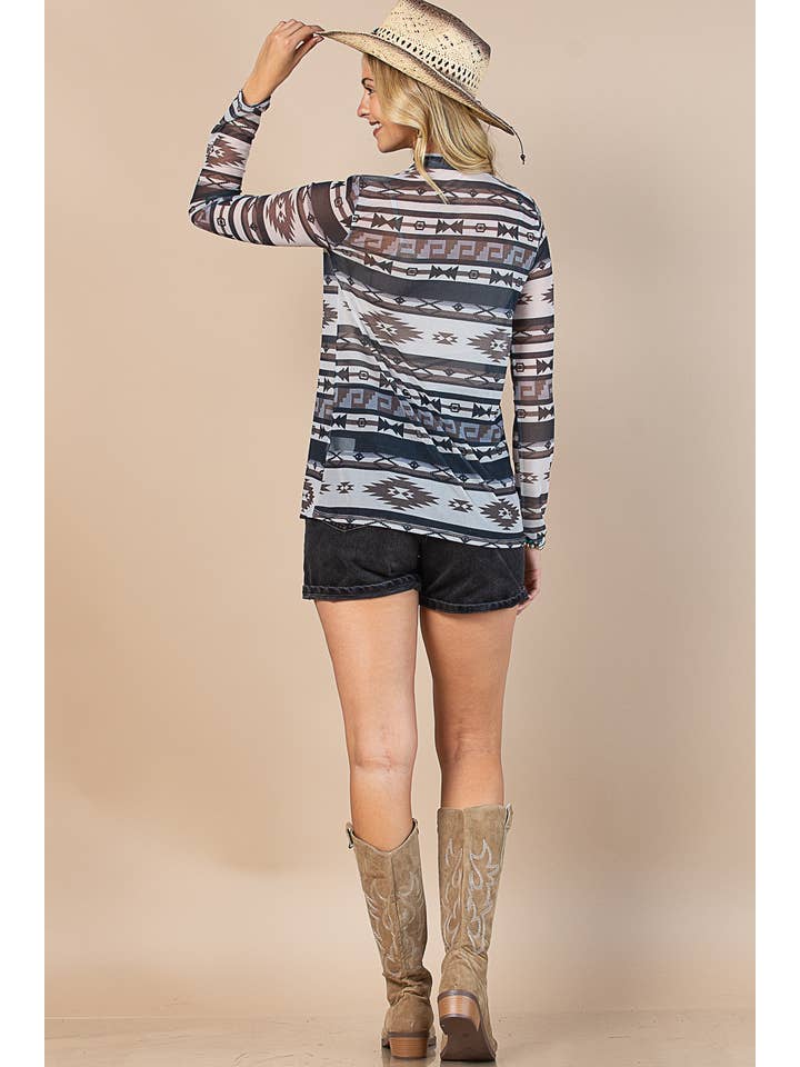 MOCHA/CHARBON DE BOIS HAUT EN MAILLE SEMI-TRANSPARENTE À IMPRIMÉ AZTÈQUE AV1230-BILLIE en vente sur Faire7