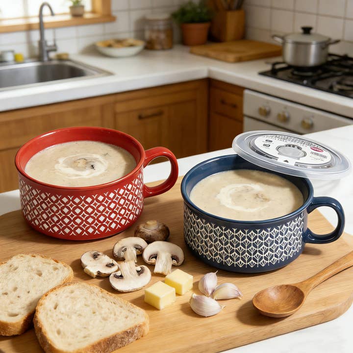 2 Pcs 22 oz Soup Mug with Lid – Red & Navy, Screen Printing for wholesale by Gourmet Edge