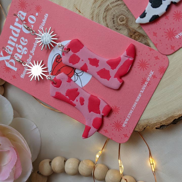 Xandra Page Co. - Wholesale Stud/Post Earrings - Cowboy Boot Earrings | Polymer Clay Cow print Pink & BW4