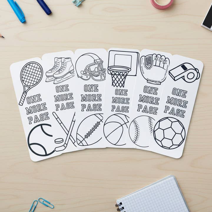 Sports Coloring Bookmarks with Crayons Kit - Set of 6 - 2" x 6" Rounded Corner Bookmarks - Football Soccer Tennis Hockey Baseball Basketball for wholesale by Ann Gregory Designs