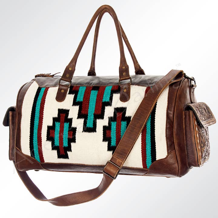 LC-ADBG605 Tooled Leather & Saddle Blanket Duffel Bag Western Travel Weekender by American Darling for wholesale by LS Western