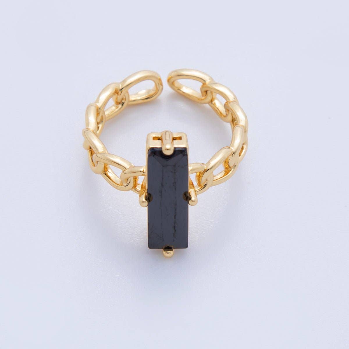 Aim Eternal - Wholesale Single Stone/Solitaire Ring - 18K Gold Filled Black Baguette CZ Curb Band Solitaire Ring | O1838
