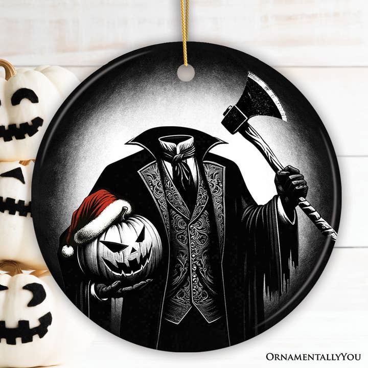 Creepy Headless Horseman And Pumpkin With Santa Hat Ornament for wholesale by OrnamentallyYou