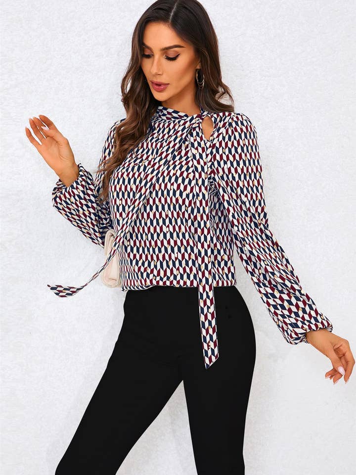 Geo Print Side Tie Blouse Top In Wine for wholesale on Faire