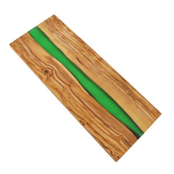 Olive Wood Cutting Board with River of Green Resin -18” x 7” for wholesale by Naturally Med Inc.