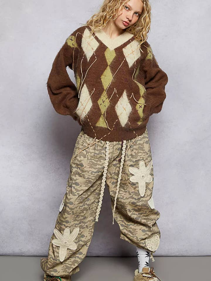 MOCHA POL V-Neck Argyle Pattern Mohair Sweater with Contrast Exposed Stitch Detail for wholesale on Faire15