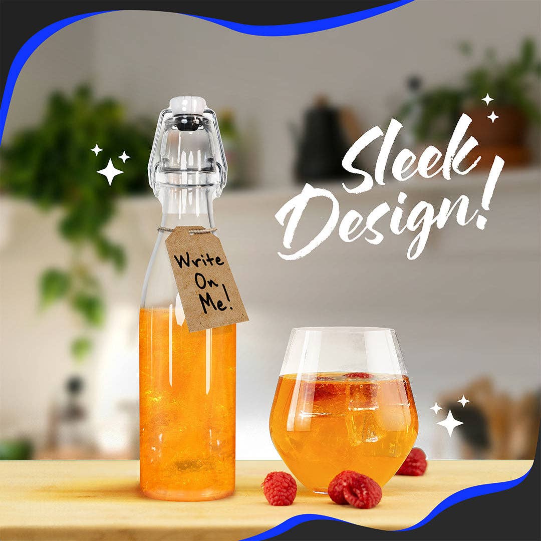 Nevlers - Wholesale Milk/juice bottle - Nevlers 12 oz Round Swing Top Glass Bottles (Pack of 12) | Includes Funnel, Brush and Marker5