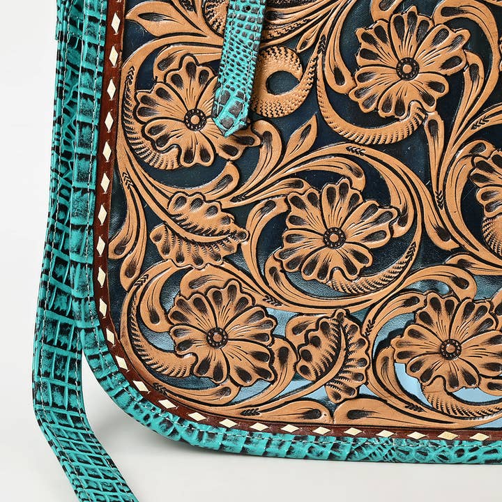 LS Western - Vente Tote bag – femme - ADBG1478 Sac cabas western en cuir travaillé avec accents embossés croco - American Darling fait main8