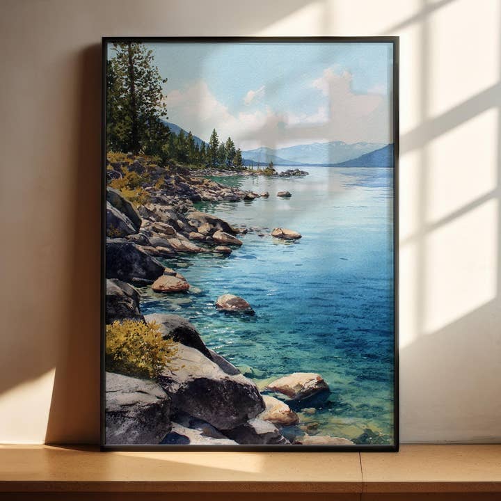 Lake Tahoe Watercolor Art Lake Tahoe Travel Print Lake Tahoe California Artwork Tahoe Decor Lake Tahoe Wall Art for wholesale by Premium Travel Art