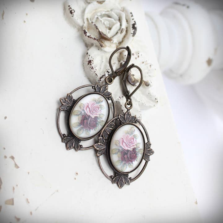 Circa 1890 - Wholesale Dangle Earrings - Large Frosted Floral Cameo Earrings in Vintage Style