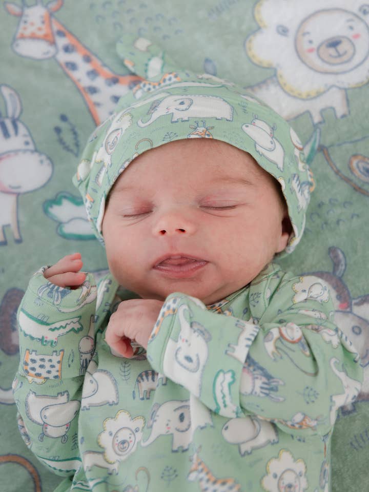 SoftSnoozeâ„¢ Baby Bamboo Viscose Sage Safari Knotted Sleep Gown & Hat Set
for wholesale by RuffleButts + RuggedButts