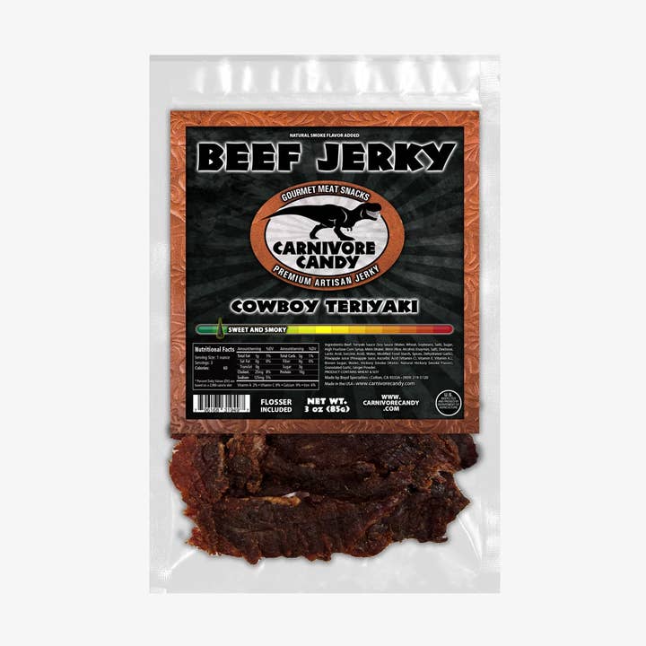 Carnivore Candy Cowboy Teriyaki Beef Jerky 85g. pour la vente par Fizz and Sweets Wholesale