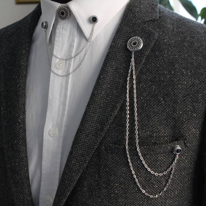 Handmade Shirt Collar Chain Brooch Set Jacket Lapel Pin for wholesale by COOLMENCLUB